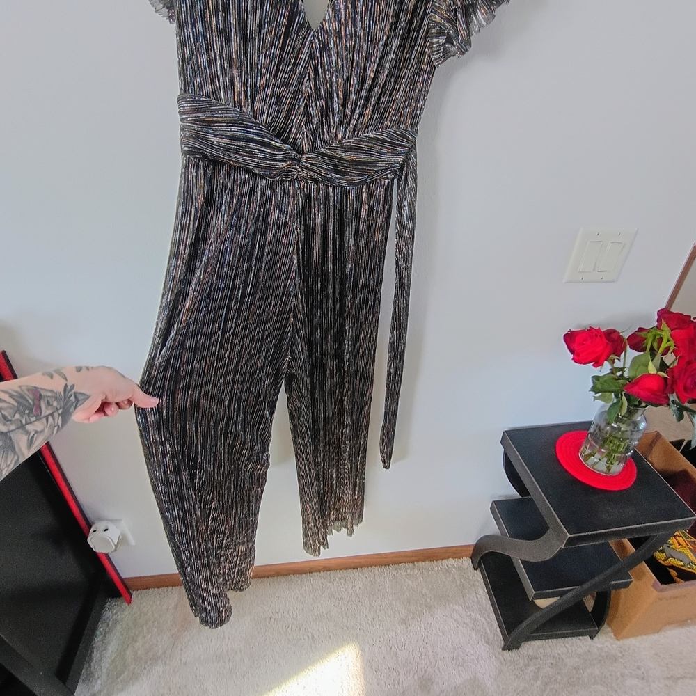 Joie Metallic Pleated Wide Leg Jumpsuit Flutter Sleeve Tie Waist Womens M